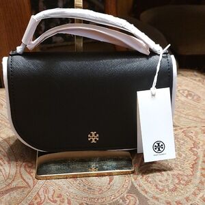Tory Burch Emerson Top Handle Crossbody $348 Retail Black Crossgrain Leather NWT